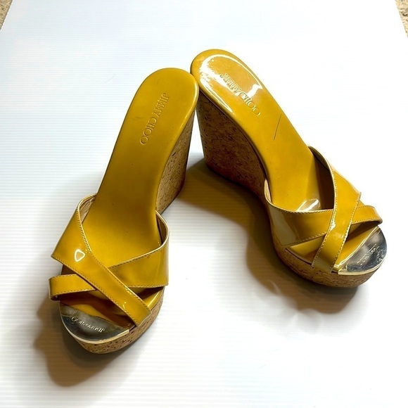 Jimmy Choo Patent Leather Pandora Cork Wedge Platform Sandals